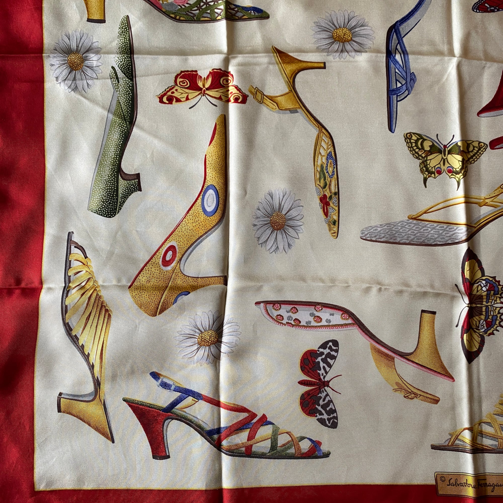 Vintage Salvatore Ferragamo Shoe & Butterfly shops print Silk Twill scarf 35